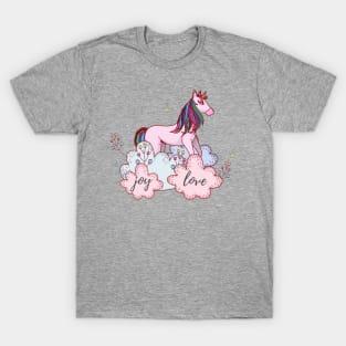 Cute Little Pastel Colored Unicorn With Joy & Love Text T-Shirt